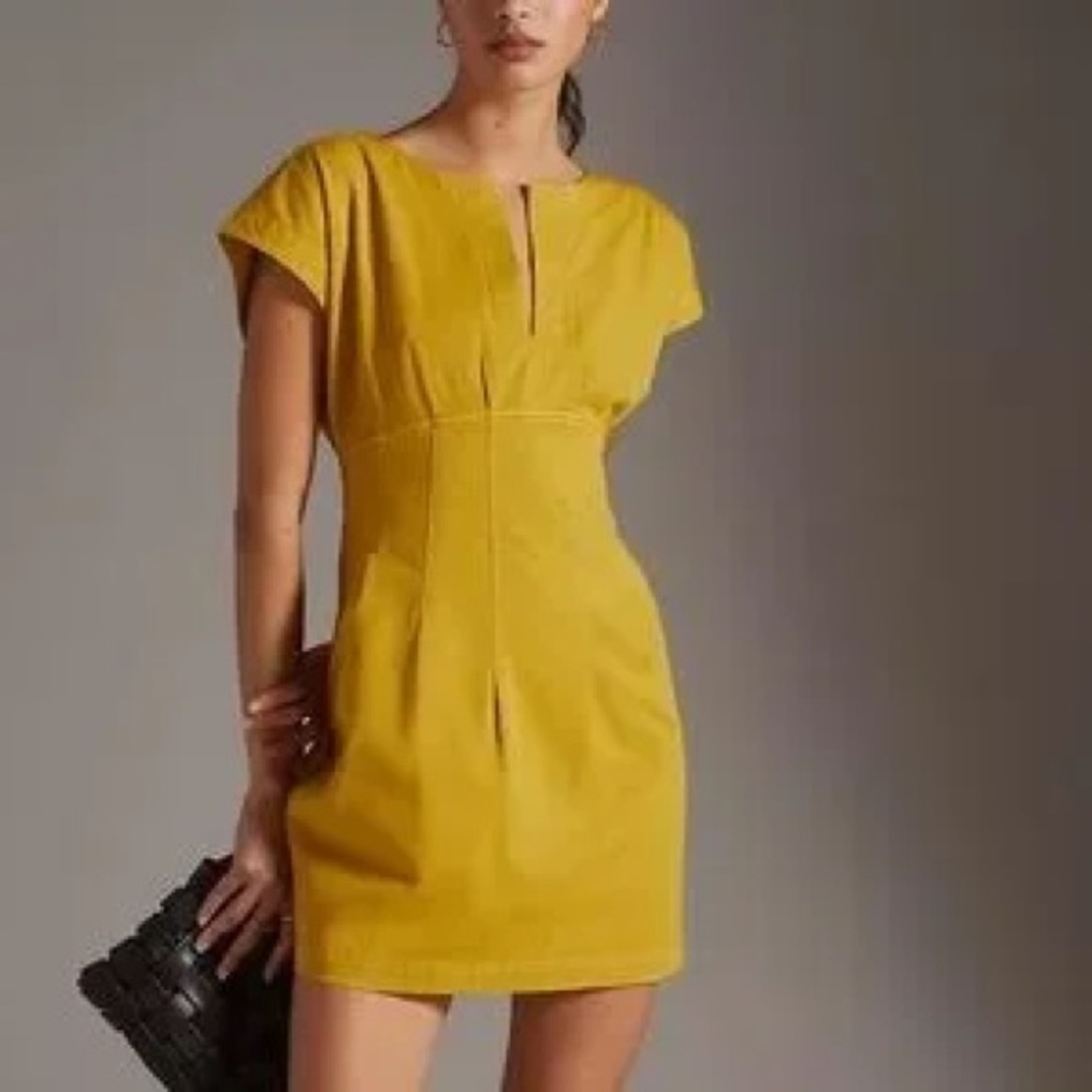 ANTHROPOLOGIE Maeve‎ Corset Shift Dress Mini Yellow Open Back Size 8 8P Petite